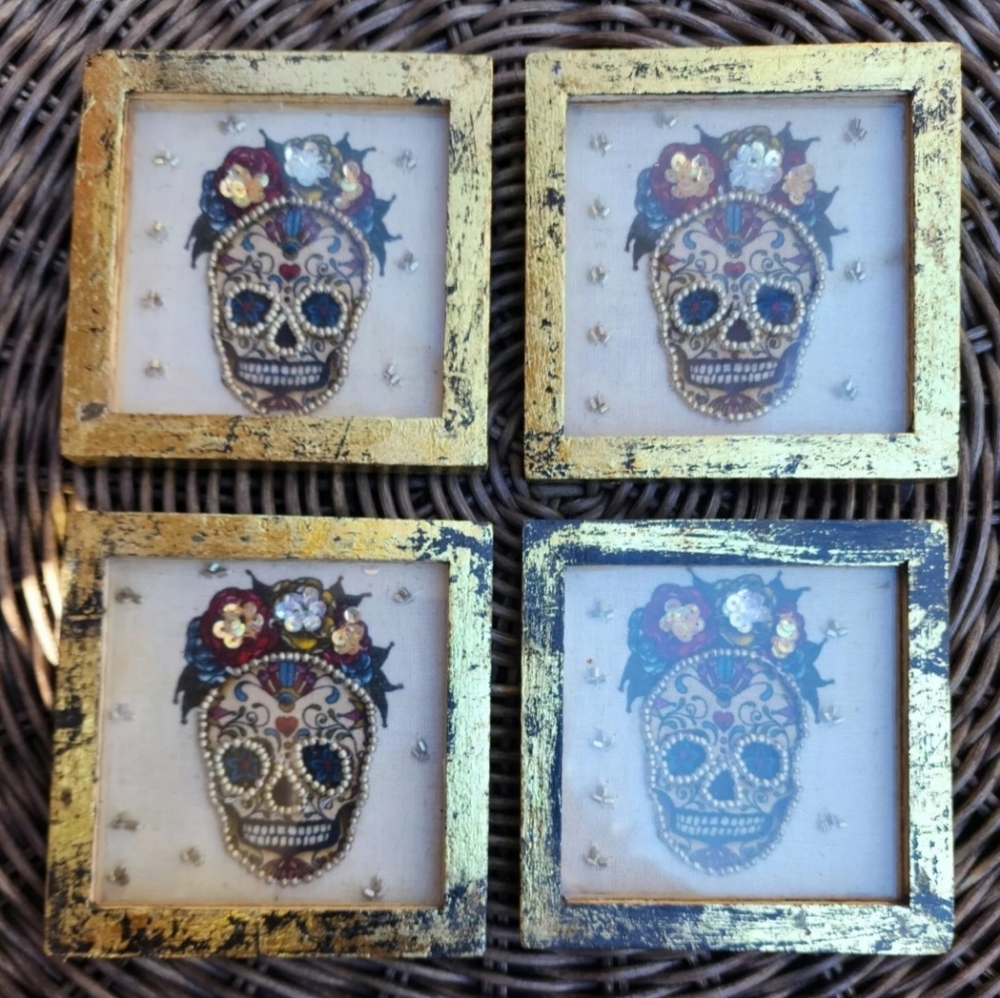 4 piece Beaded skulls Day of the Dead coasters/picture frames